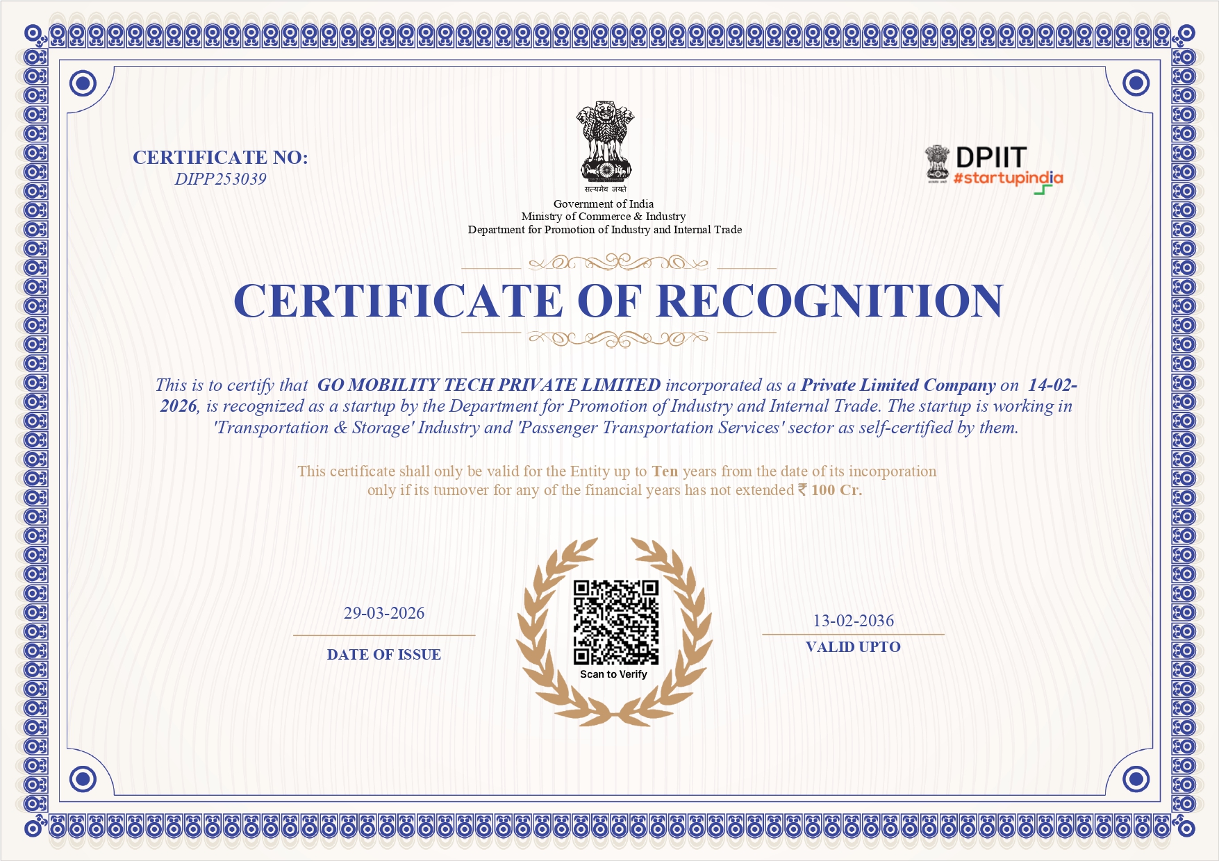 GO Mobility DPIIT Certificate